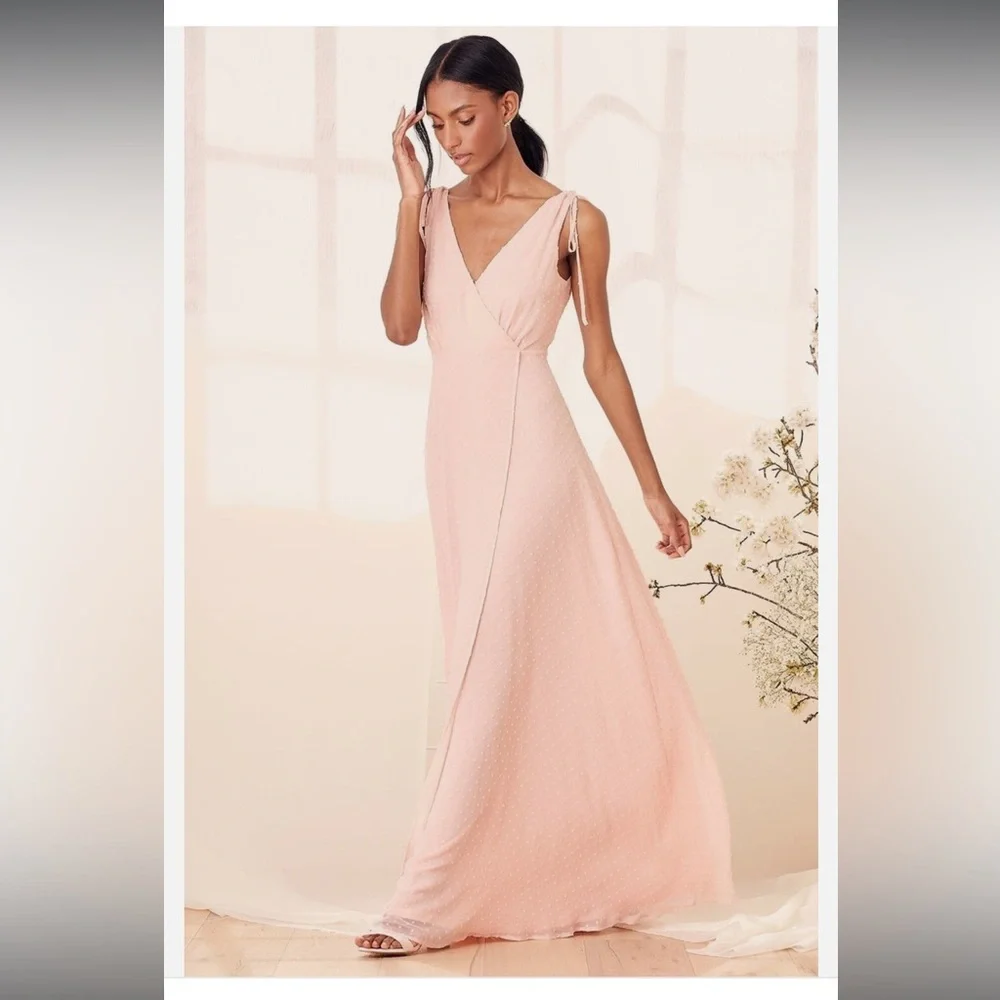 Lulus Pink Chiffon Maxi Dress V‑Neck maxi dress wedding guest - Picture 2 of 13